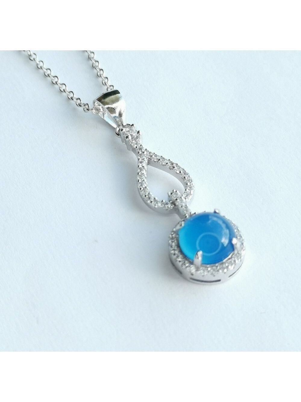 Blue Chalcedony CZ Halo Pendant Necklace sterling silver 🆕
